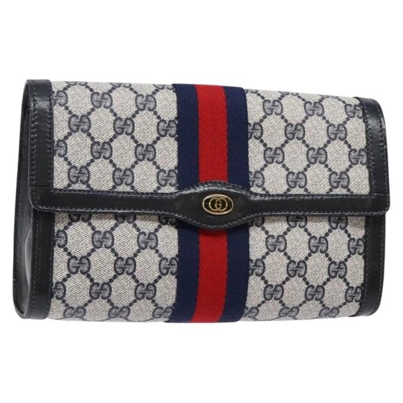 GUCCI GG Supreme Sherry Line Clutch Bag PVC Navy Gold 67 014 3087 Auth 140986 - Picture 1 of 15
